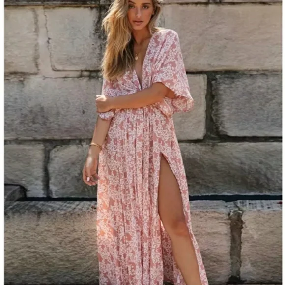 Floral Split Back V-neck Front Slit Cotton Boho Maxi Dress - Picture 4 of 16